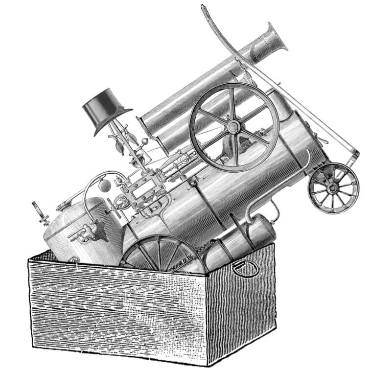 Illustration of a box containing a victorian train, among other objects