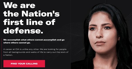 Woman with black hair looking off the camera with a caption that says 'We are the Nation's first line of defense'.