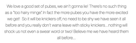 Inner beauty example brand of voice which says 'we love a good set of pubes, we aint gunna lie!'.