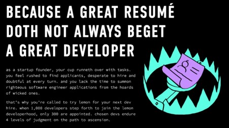 Lemon.io brand voice example from their website that says 'becuase a great resume doth not always beget a great developer'.