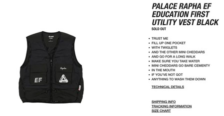 Palace brand voice example of product description of a utility jacket with bullet points like 'trust me' and 'fill up your pocket'.