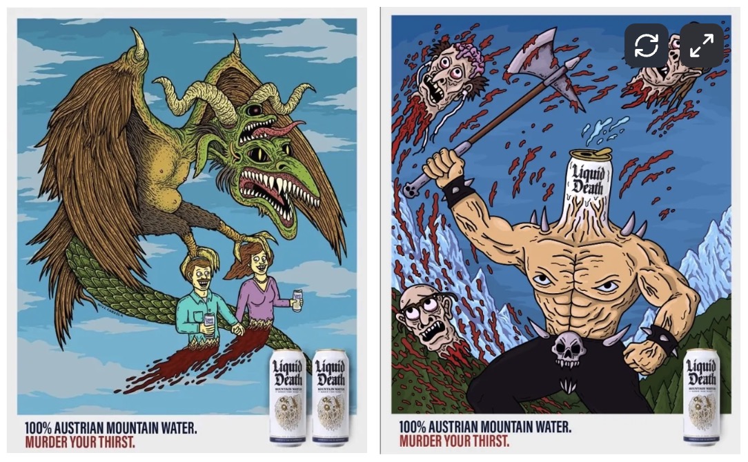 Liquid death brand voice development example 'murder your thirst'.