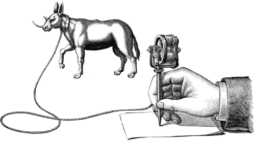 Illustration of a unicorn tied by rope to a hand holding an old mechanical writing implement.