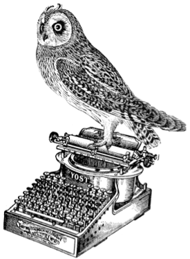Illustration of an owl perched on a typewriter.
